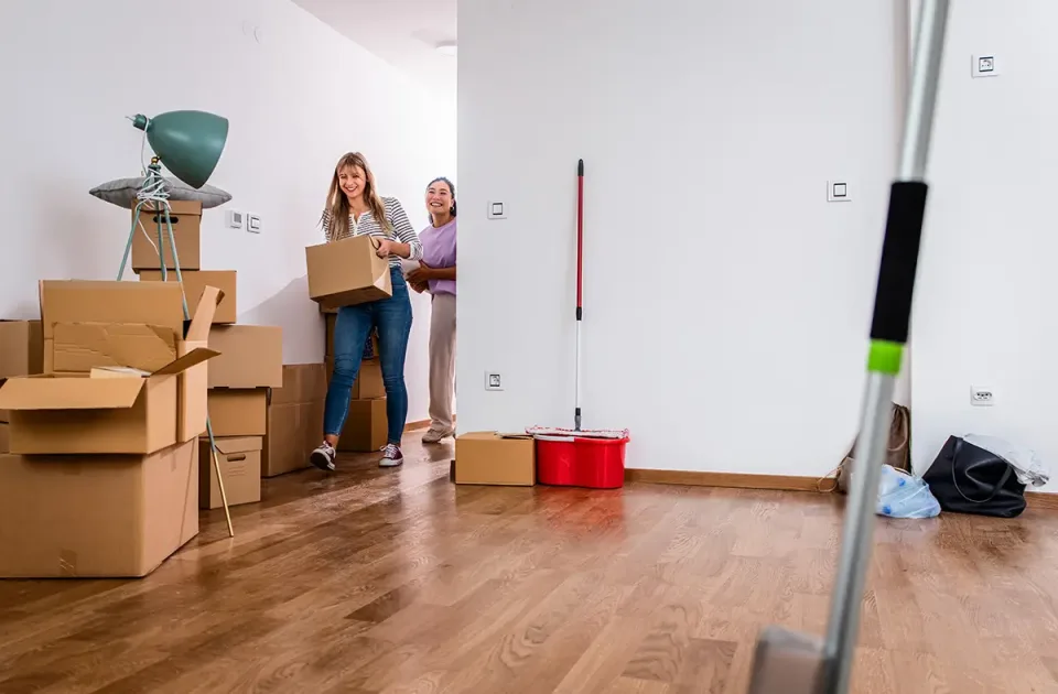 Stacked moving boxes and a houseplant beside a navy sofa